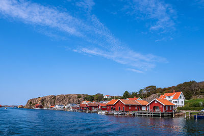 Houses by sea against blue sky