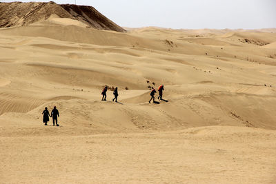 People walking on desert against sky