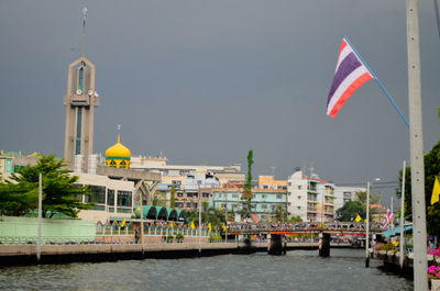 Flag by building against sky in city