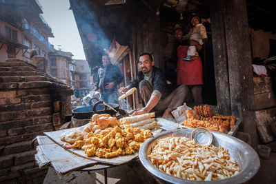High angle view of food for sale at market stall