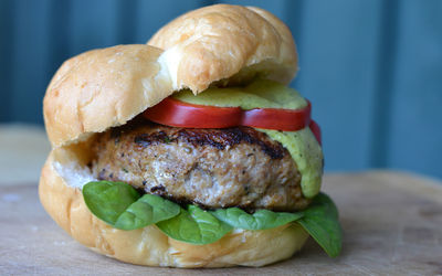 Close-up of hamburger on table