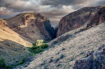 Scenic view of mountains against cloudy sky