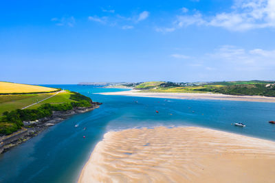 Scenic view of beach against blue sky