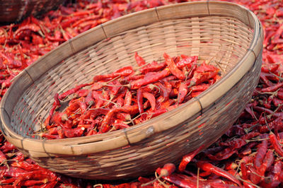 High angle view of red chili peppers in basket