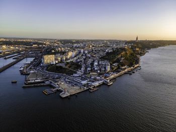 High angle view of river amidst buildings in city