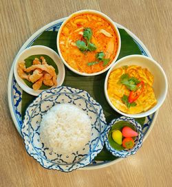 High angle view of meal served on table