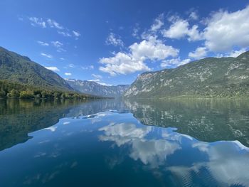 Scenic view of lake and mountains against sky