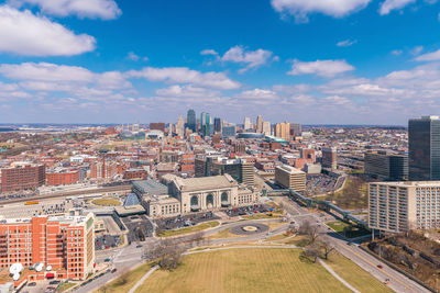 High angle view of road amidst buildings in city