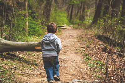 Full length of boy walking in forest