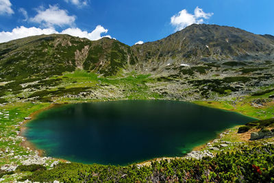 Scenic view of lake and mountains against sky