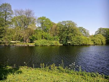 Scenic view of lake against clear sky
