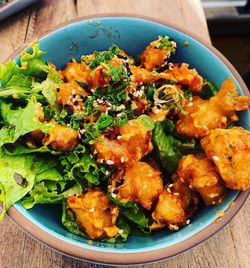 High angle view of food in bowl on table