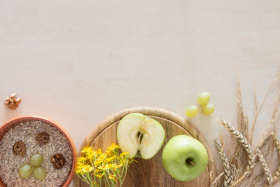 High angle view of food with flowers on table