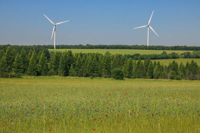 Wind turbines on field against sky