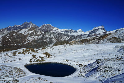 Scenic view of snowcapped mountains against clear blue sky