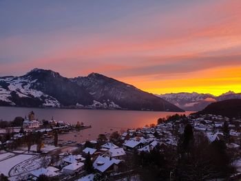 Scenic view of mountains against sky during sunset