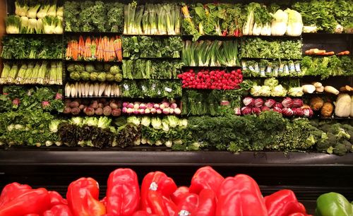 Red chili peppers for sale at market stall