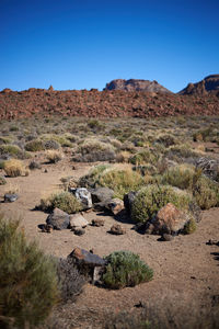 Scenic view of desert against clear blue sky