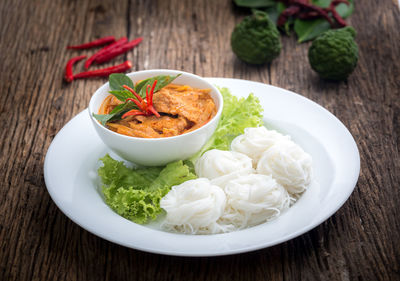 High angle view of food in bowl on table