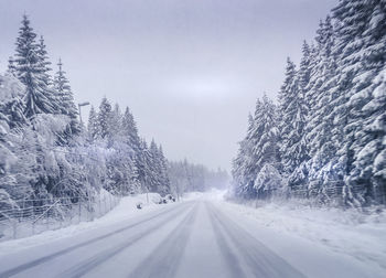 Road amidst snow covered trees against sky