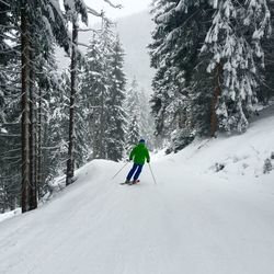 Rear view of person skiing on snow