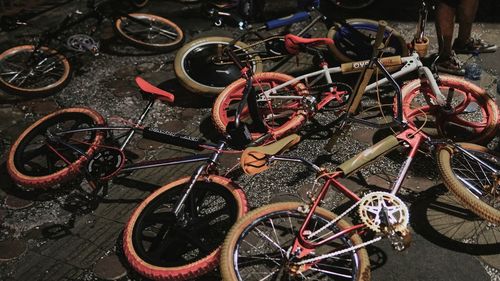 High angle view of bicycles parked