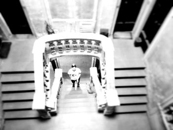 High angle view of people walking on steps