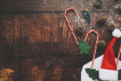 High angle view of christmas decorations on table