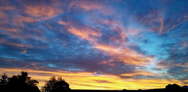 Silhouette trees against dramatic sky during sunset