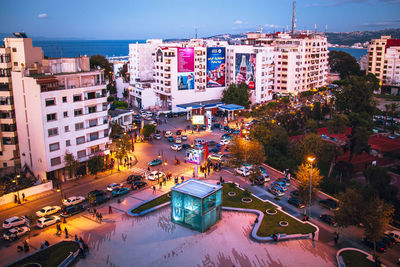 High angle view of street amidst buildings in city