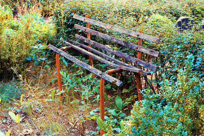 High angle view of park bench on field