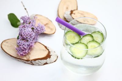 Close-up of fruits in glass on table