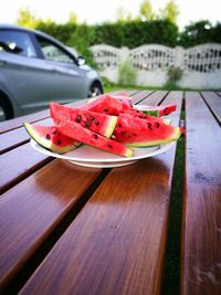 Close-up of fruits in plate on table