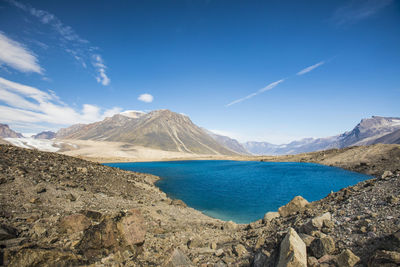 Panoramic view of lake and mountains against blue sky