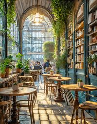 Empty chairs and tables in restaurant