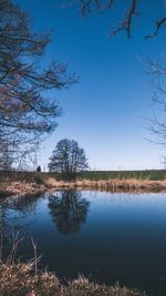 Scenic view of lake against clear blue sky