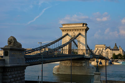 Chain bridge in budapest with lion statue