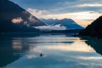 Swan swimming on lake against sky