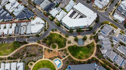 High angle view of road amidst buildings in city