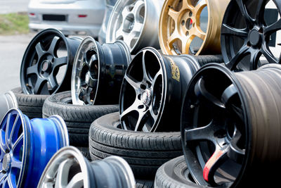 Close-up of car parts for sale