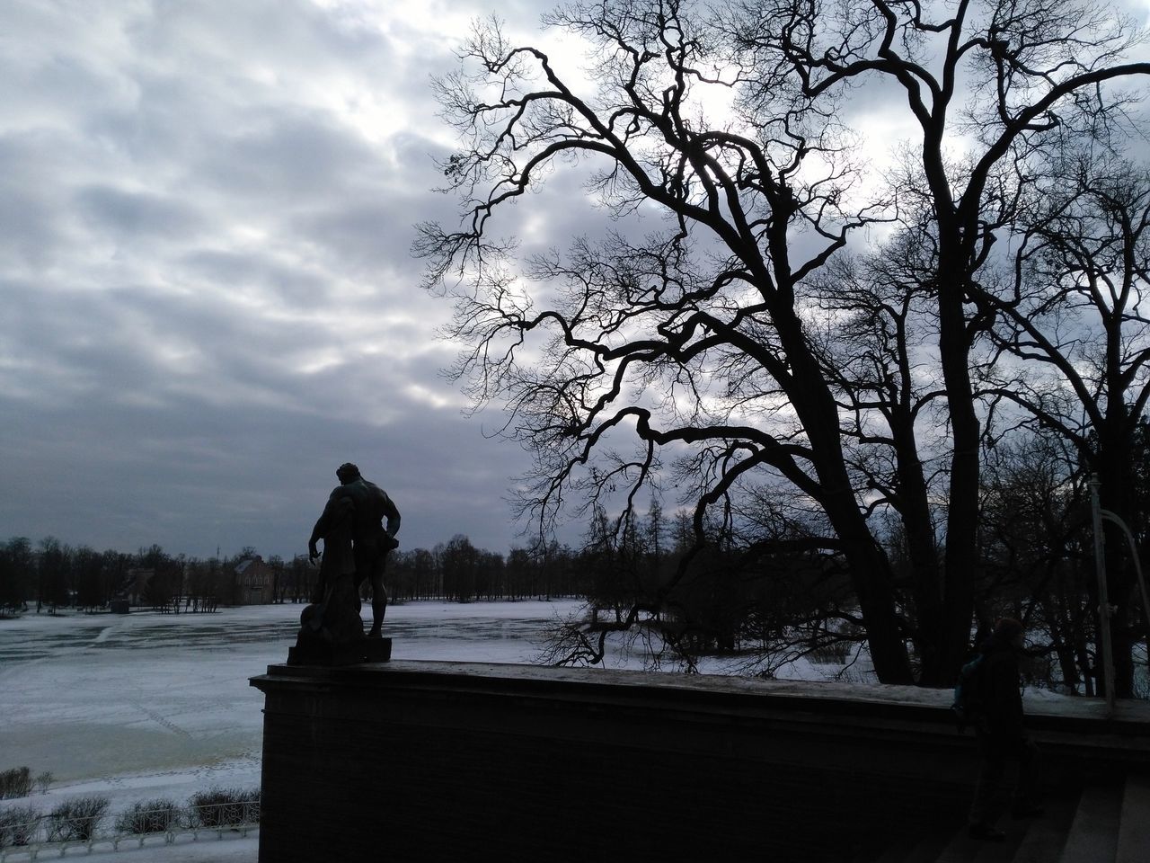 tree, silhouette, sky, cloud - sky, winter, nature, snow, beauty in nature, cold temperature, field, bare tree, standing, scenics, tranquility, outdoors, landscape, men, statue, day, one person, people