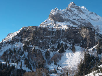 Scenic view of snowcapped mountains against clear sky