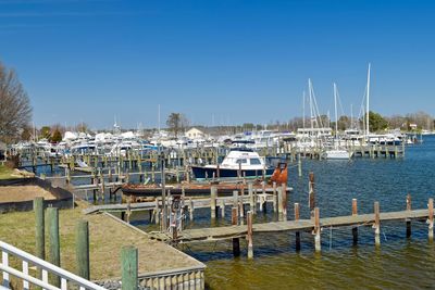 Boats moored at harbor against clear blue sky