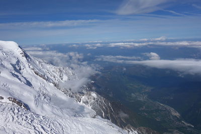 Aerial view of snowcapped mountains against sky