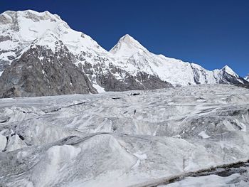 Scenic view of snowcapped mountains against clear sky