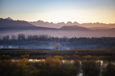 Scenic view of lake against sky during foggy weather