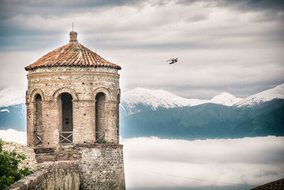 Low angle view of bird flying against snowcapped mountains