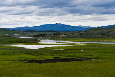 Scenic view of green landscape against sky