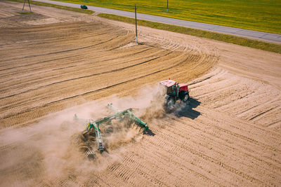 High angle view of tractor on agricultural field