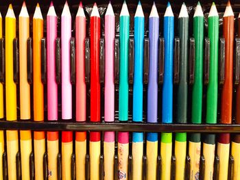 Full frame shot of colored pencils in container